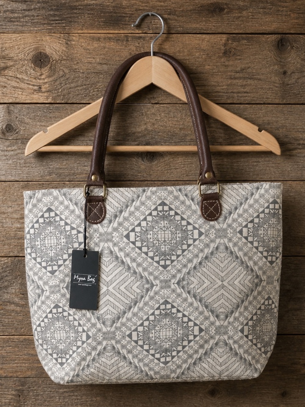 Myra Women's Gray Patterned Tote with Brown Handles